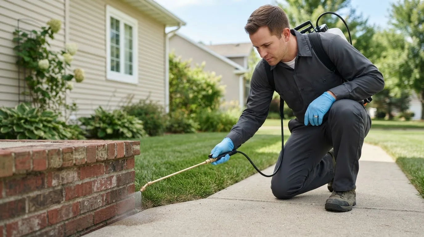 Pest control technician treating a home near Nashwauk, MN